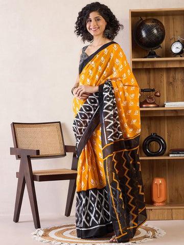 Yellow and Black Ready to Wear Saree with pocket and Ikat Printed Work with blouse
