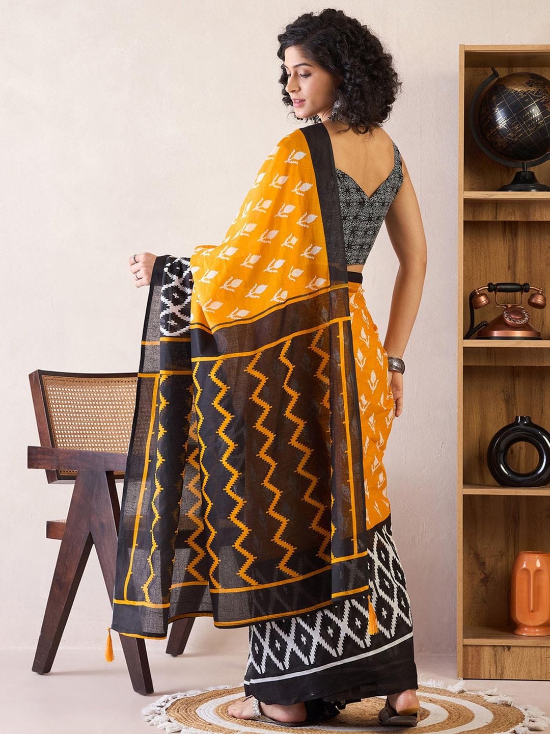 Yellow and Black Ready to Wear Saree with pocket and Ikat Printed Work with blouse
