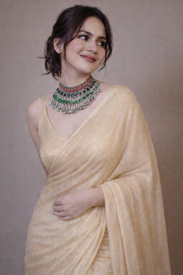Premium Gold-Cream Fendy  Satin Ready to Wear Saree with Unstitched Blouse
