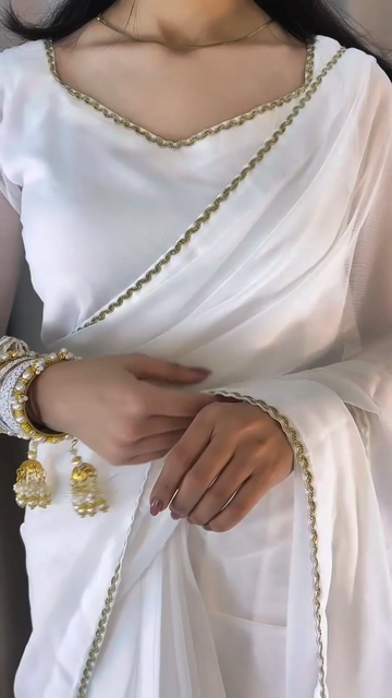 White Georgette Ready to Wear Saree with Gold Lace Border and Unstitched Blouse