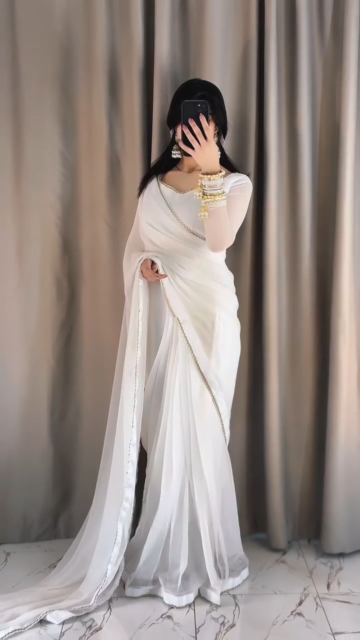White Georgette Ready to Wear Saree with Gold Lace Border and Unstitched Blouse