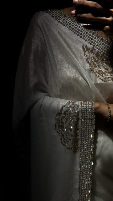 White Swarovski Designer Saree with blouse