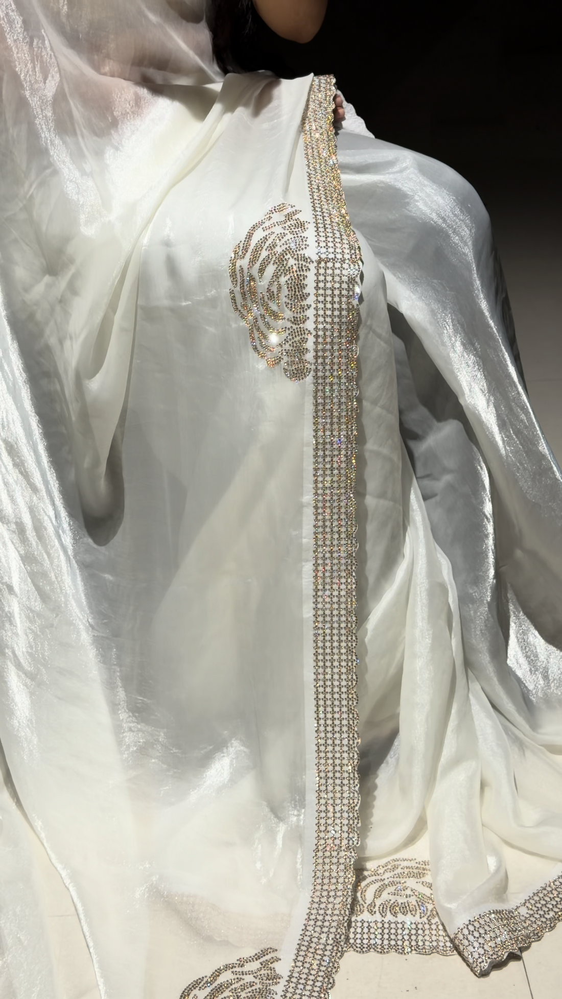 White Swarovski Designer Saree with blouse