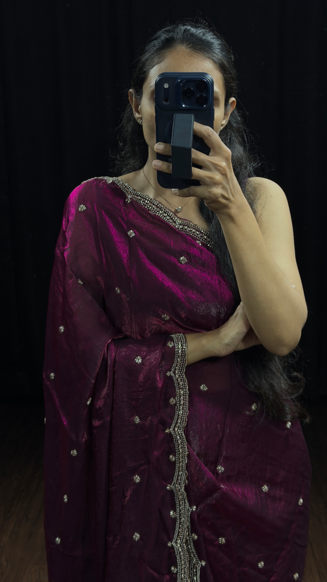 Wine Saree with Cutdana, Sequence & Zari Work with unstitched blouse