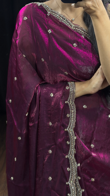 Wine Saree with Cutdana, Sequence & Zari Work with unstitched blouse