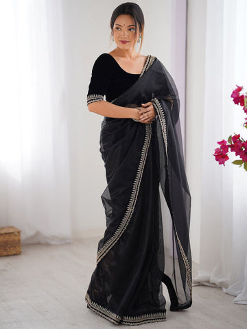 Designer Black Tweel Net Silk Party Wear Saree with Unstitched Blouse