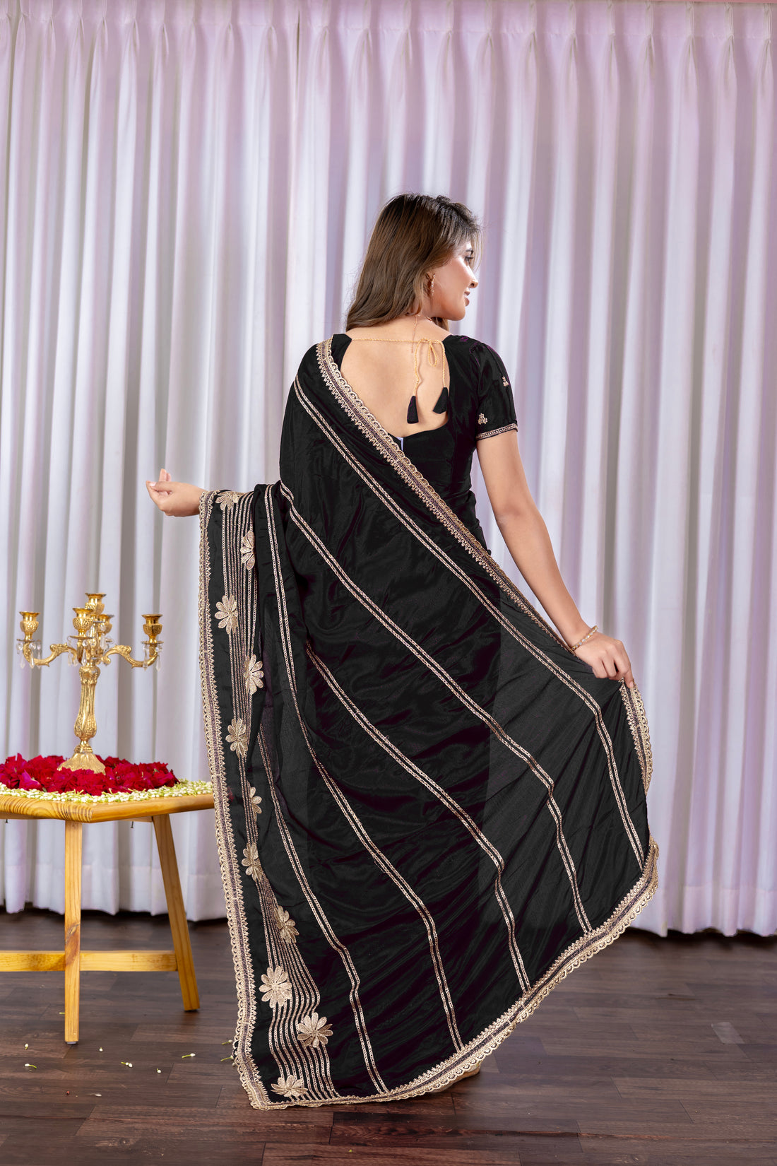 Black Chinon Saree with Golden Floral Embroidery and Striped Detailing