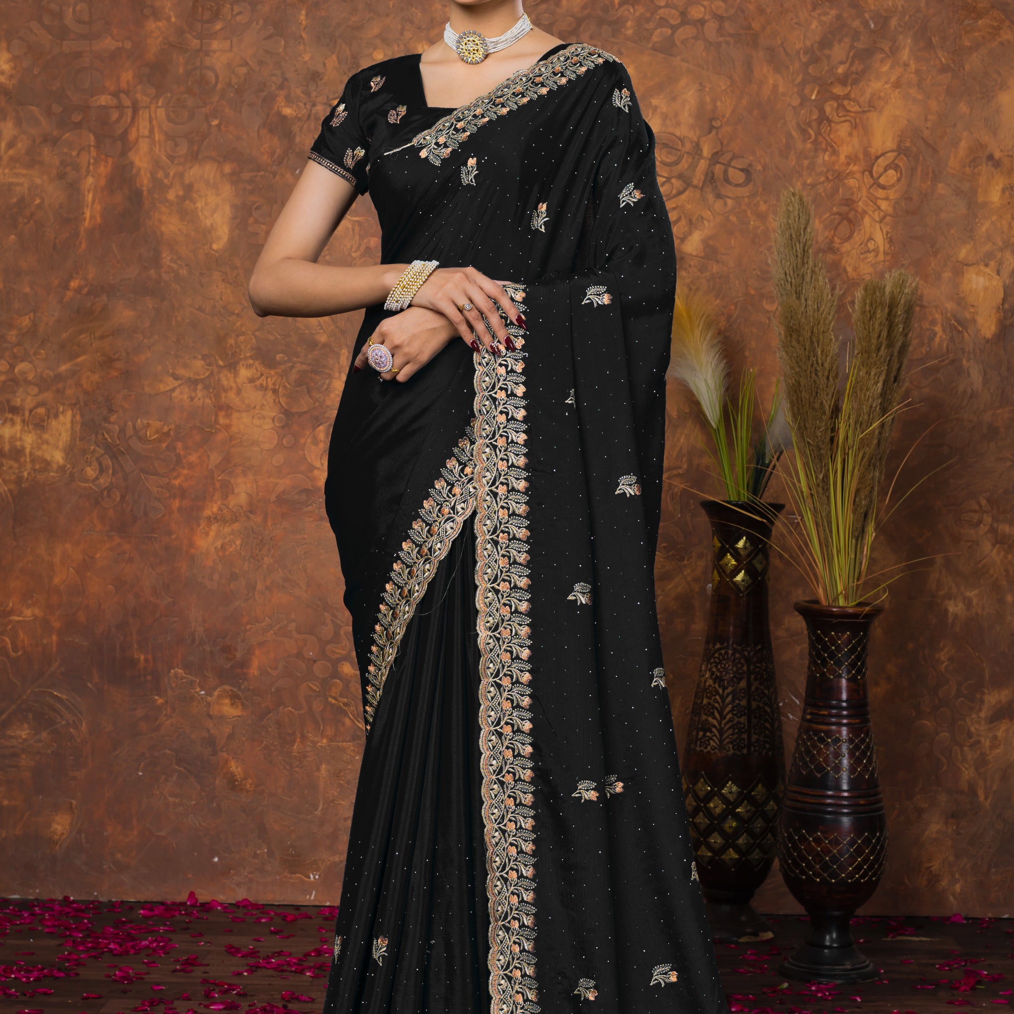 Classic Black Chinon Embroidered with Swarovski Designer Border Party Wear Saree