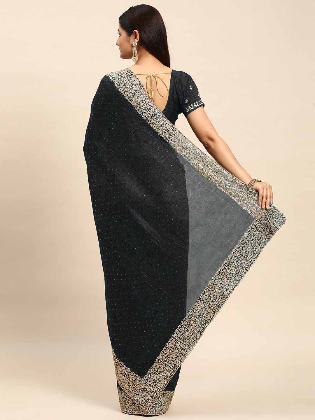 Black Chinon Party Wear Saree with Heavy Embroidery & Swarovski Stone Work