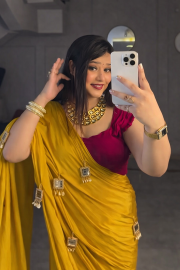 Mustard Yellow Pure Crepe Silk Saree with Mirror & Moti Latkan Work