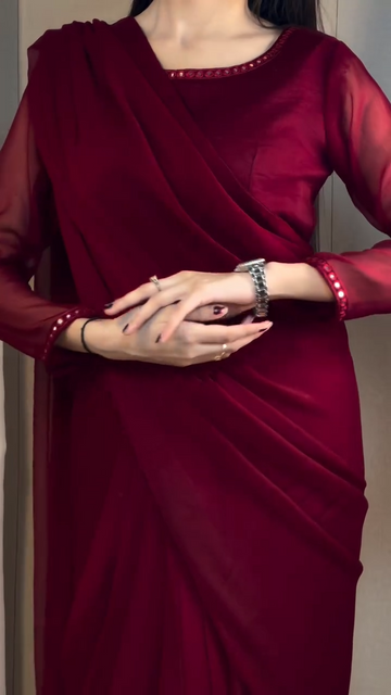 Maroon Georgette Ready to Wear Saree with Mirror Work Border and Unstitched Blouse