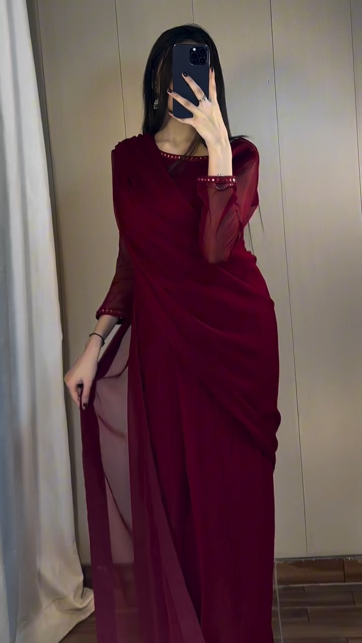 Maroon Georgette Ready to Wear Saree with Mirror Work Border and Unstitched Blouse