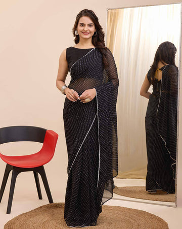 Black Georgette Silver Dot Lines And A Delicate Silver Border Ready To Wear Saree With Unstitched Blouse