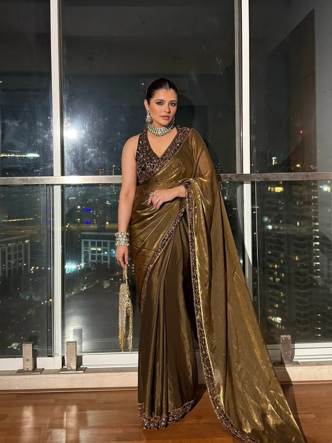 Pure Space Gold Two Tone Embroidery Silk Saree