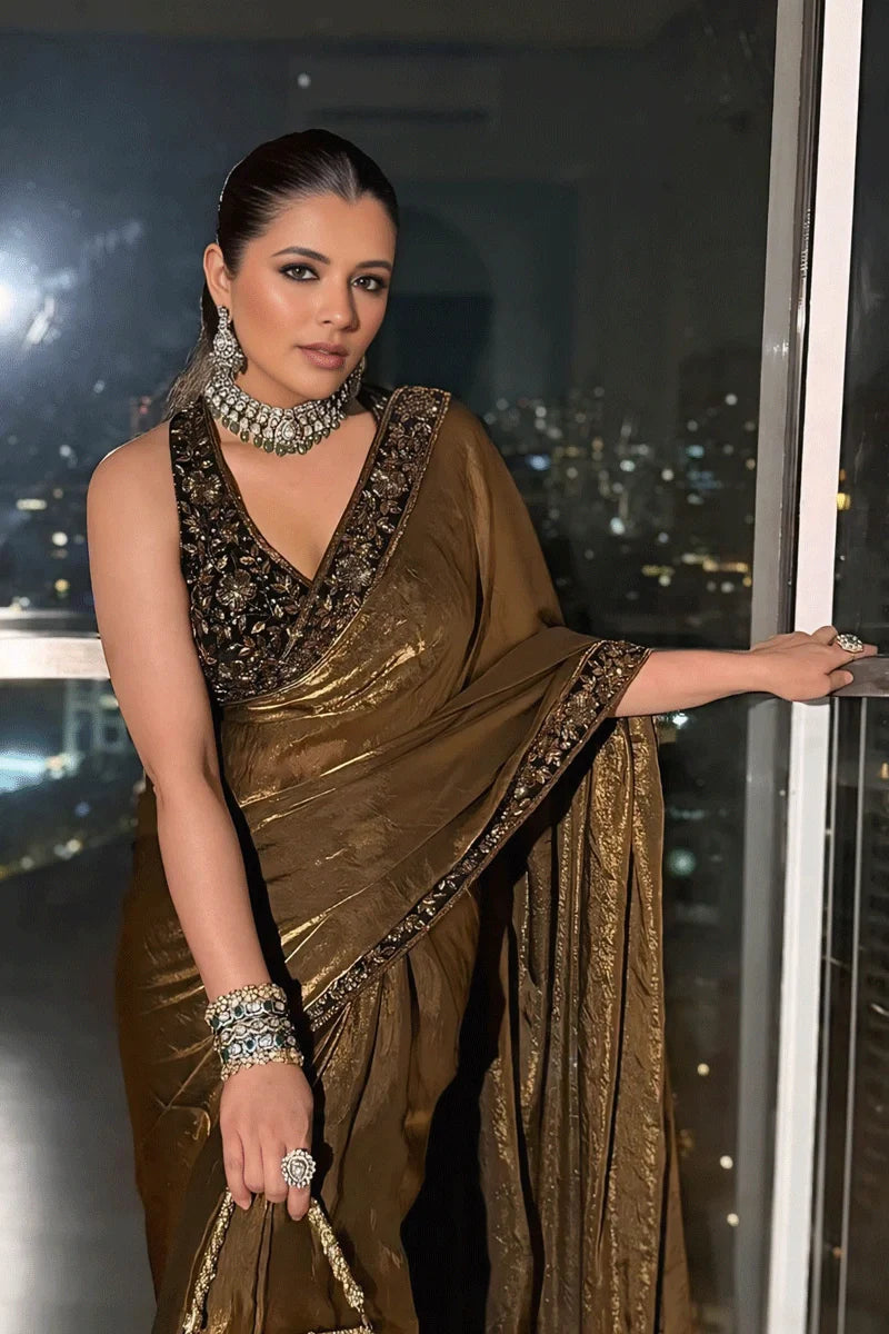 Pure Space Gold Two Tone Embroidery Silk Saree