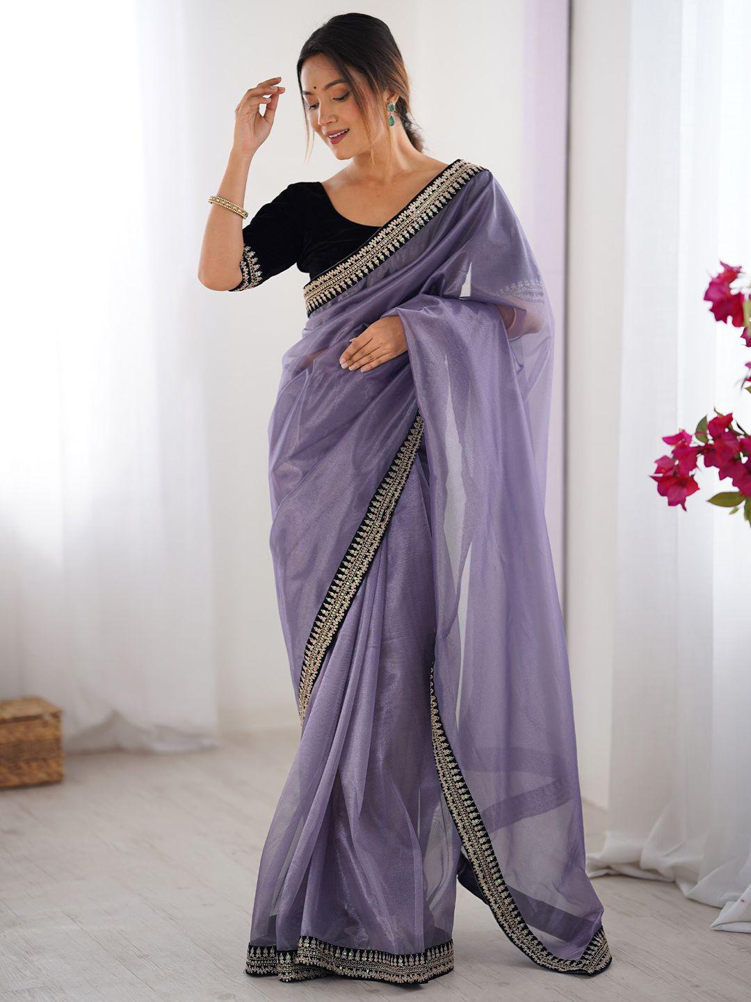 Designer Lavender Tweel Net Silk Party Wear Saree with Unstitched Blouse