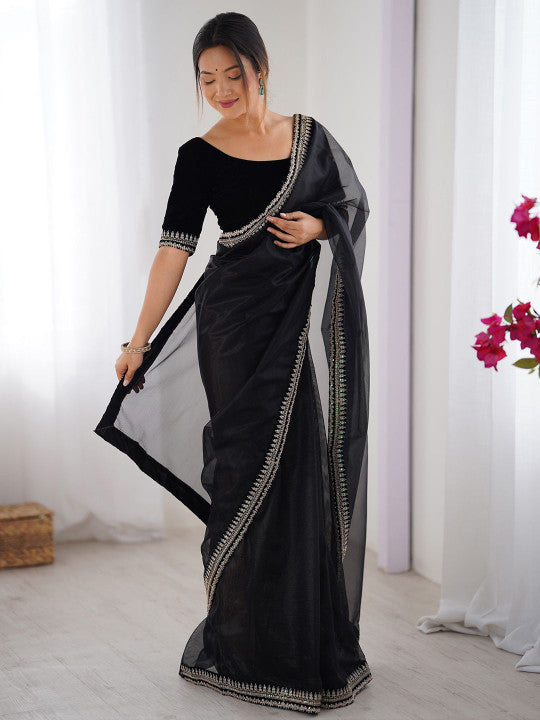 Designer Black Tweel Net Silk Party Wear Saree with Unstitched Blouse