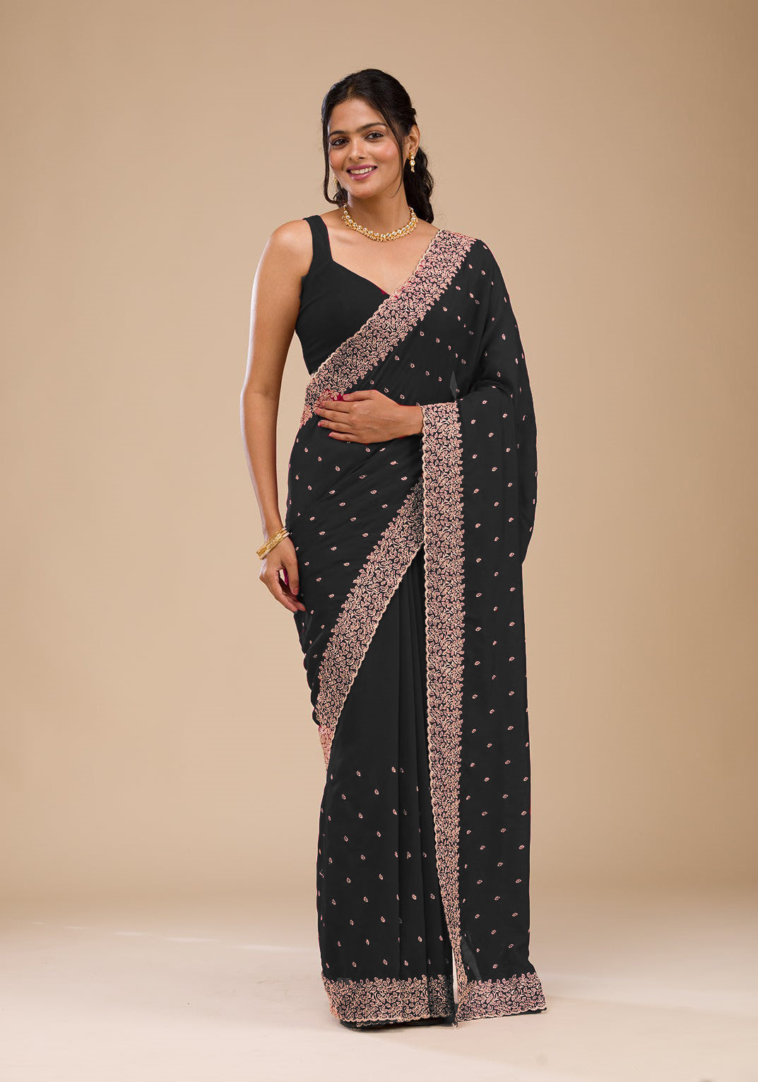 Black Chinon Saree with Rose Gold Zari Embroidery  Elegant Party & Festive Wear