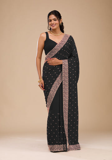 Black Chinon Saree with Rose Gold Zari Embroidery  Elegant Party & Festive Wear