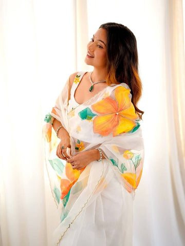 Soft Tebi Silk Floral Digital Print Saree with Moti Handwork Border Blouse Piece