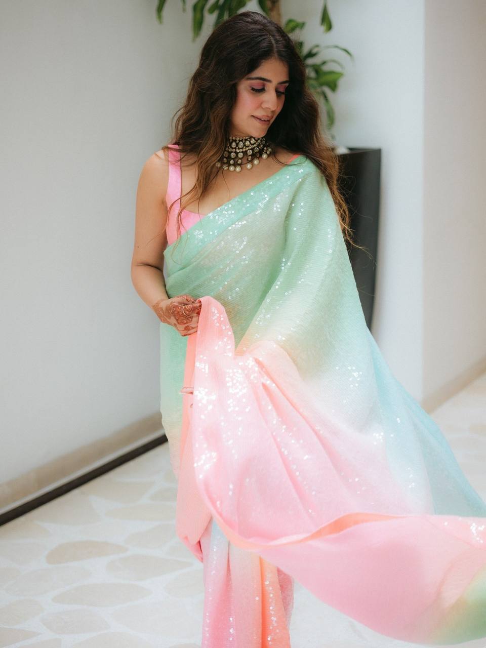 Pastel Digital Print Georgette Saree with Sequin Work Satin Silk Blouse
