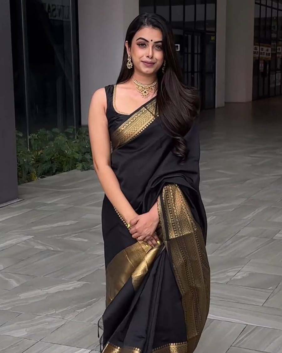 Black Kanjivaram Jacquard Lichi Silk Saree with Antique Zari Borders