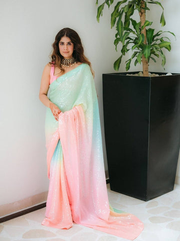 Pastel Digital Print Georgette Saree with Sequin Work Satin Silk Blouse