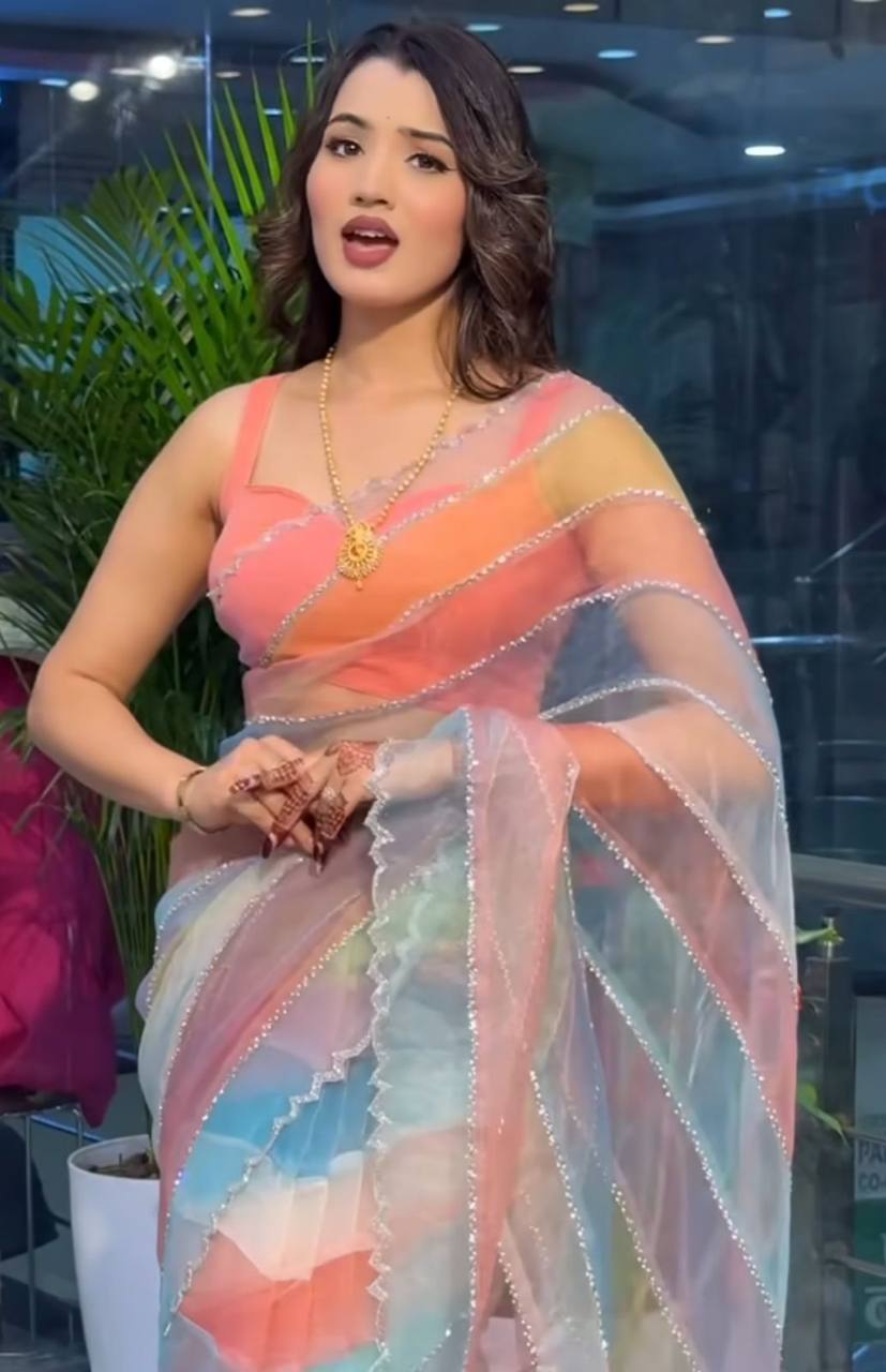 Pastel Multicolour Tebby Silk Saree with Hotfix Diamond Work Blouse Piece