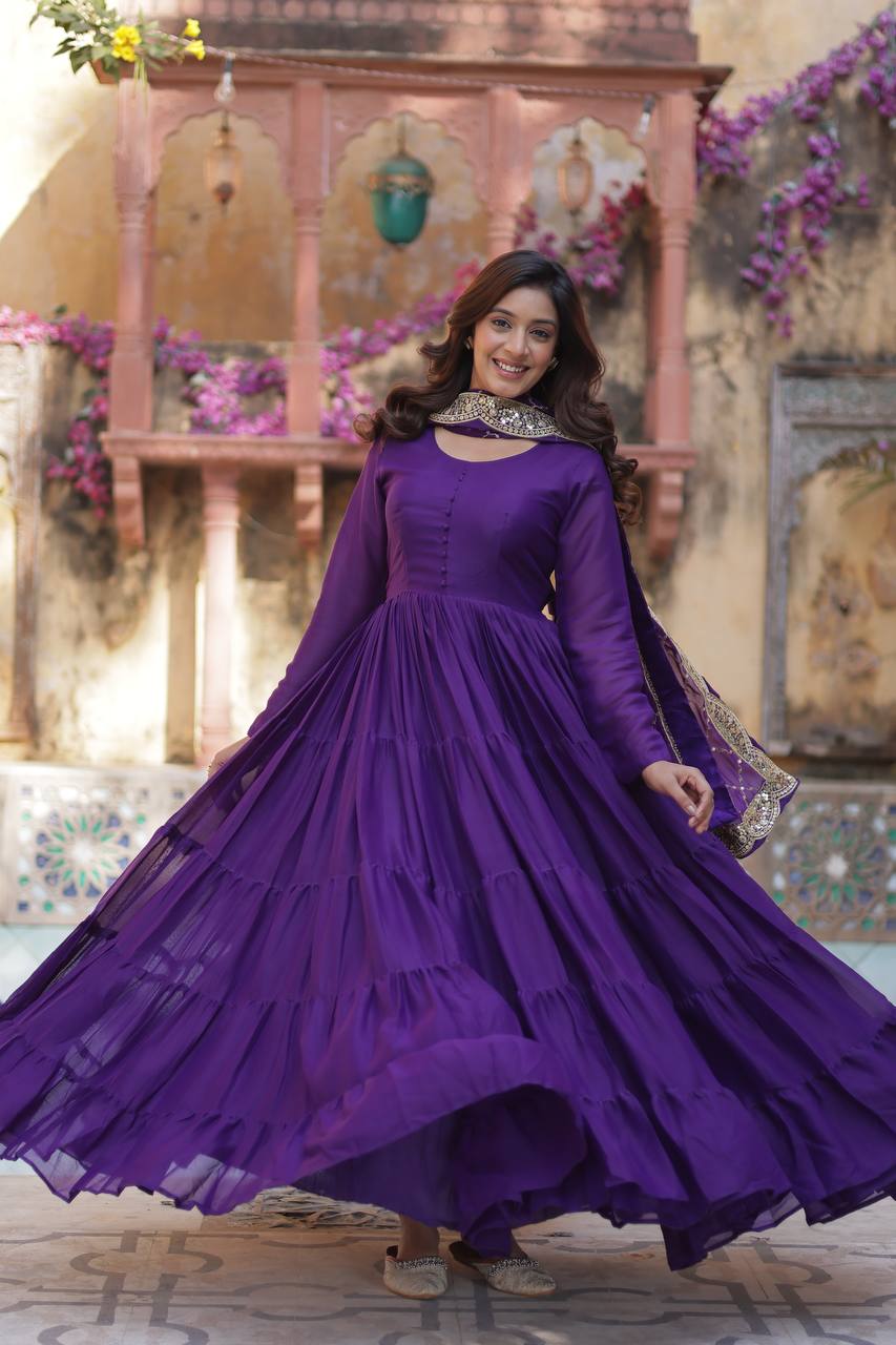 Purple star georgette mirror and gota lace work Gown