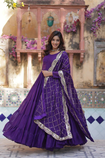 Purple star georgette mirror and gota lace work Gown