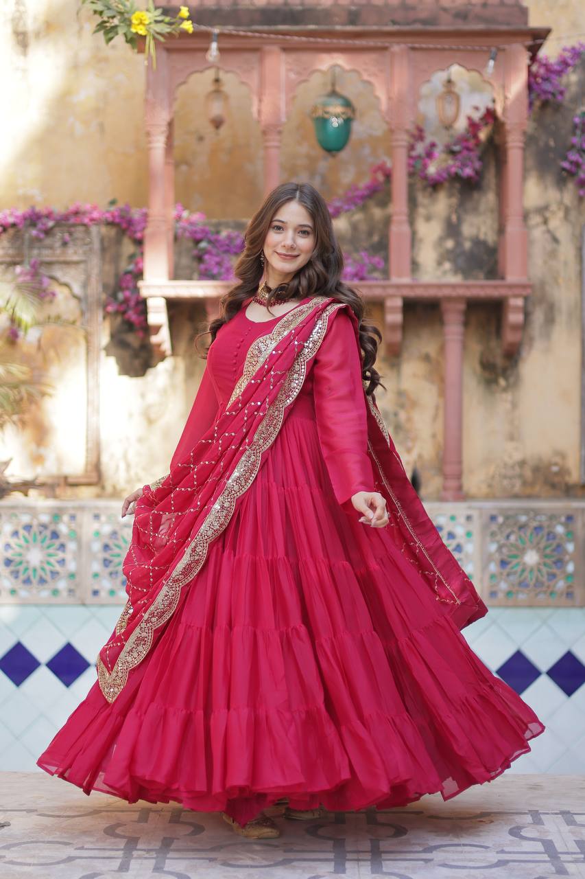 Pink star georgette mirror and gota lace work Gown