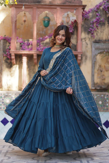 Teal star georgette mirror and gota lace work Gown