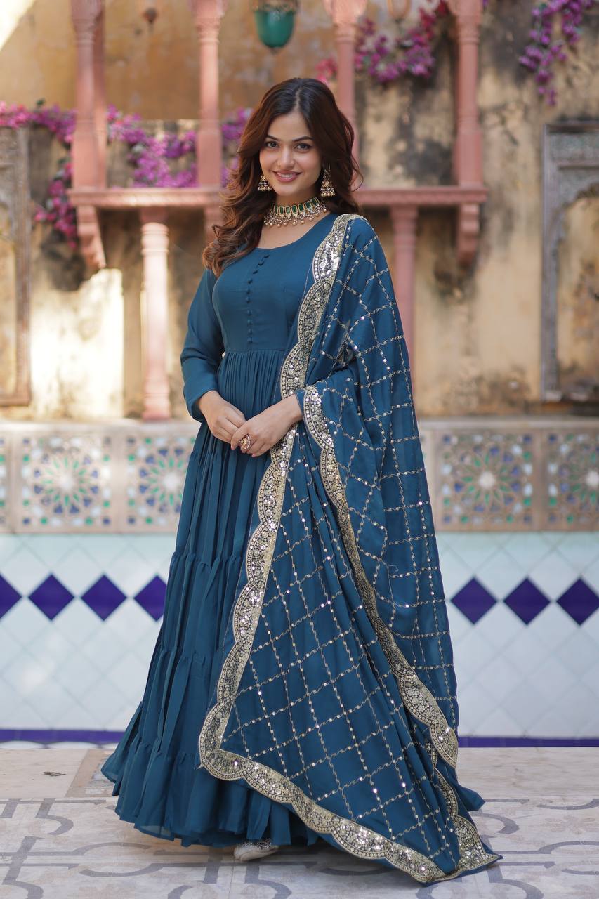 Teal star georgette mirror and gota lace work Gown