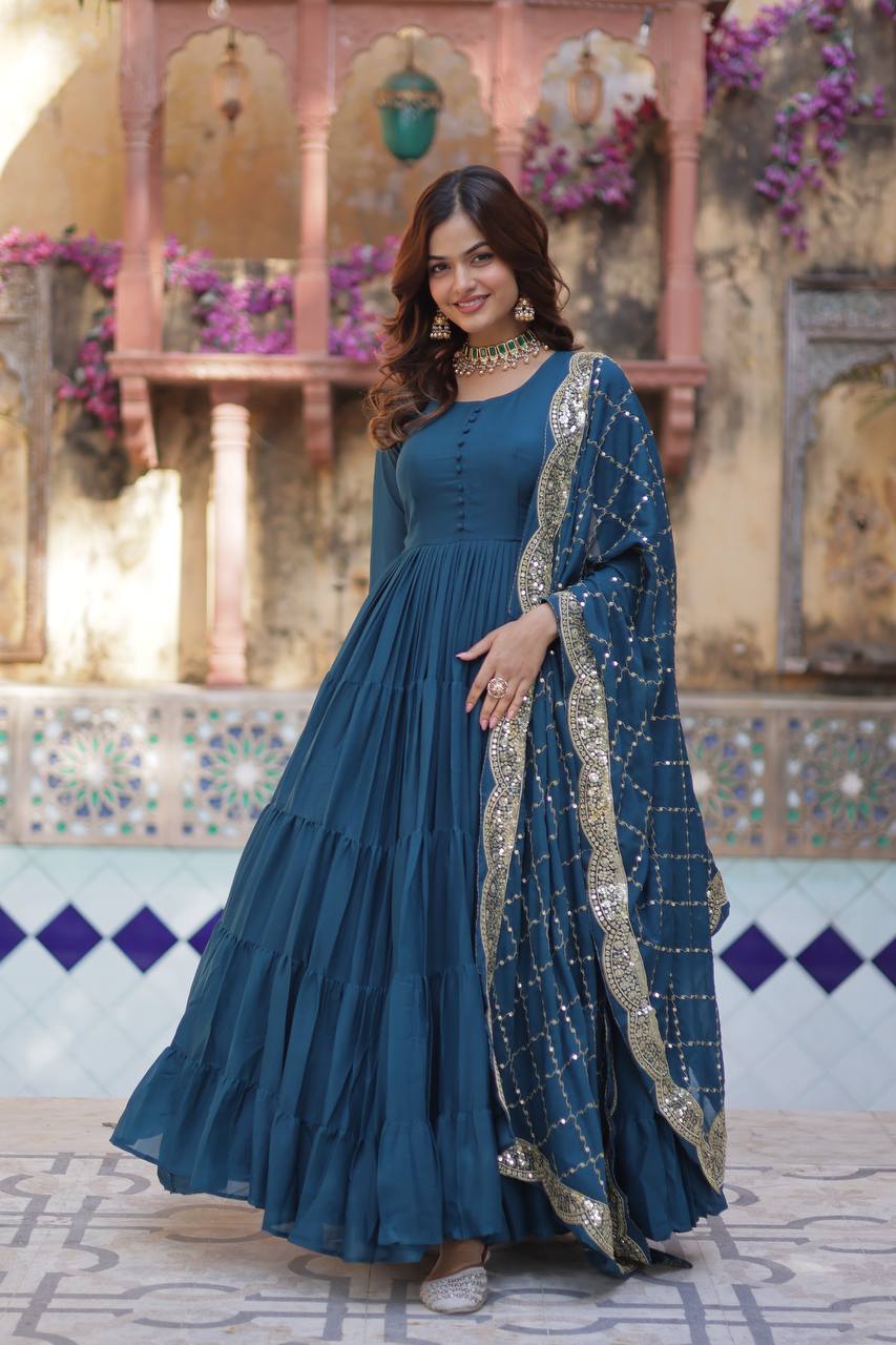 Teal star georgette mirror and gota lace work Gown