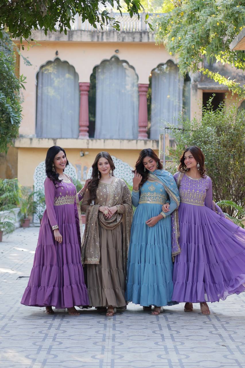 Lavender Star Georgette sequins embroidered layered flared Gown