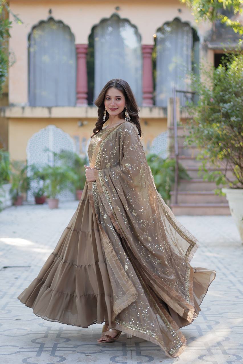 Brown Star Georgette sequins embroidered layered flared Gown