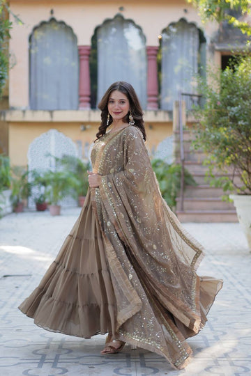 Brown Star Georgette sequins embroidered layered flared Gown