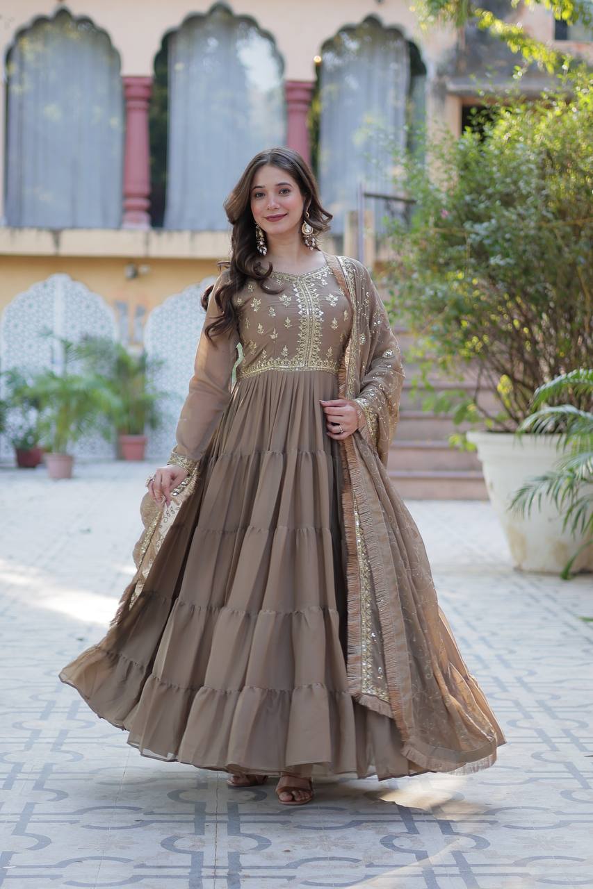 Brown Star Georgette sequins embroidered layered flared Gown
