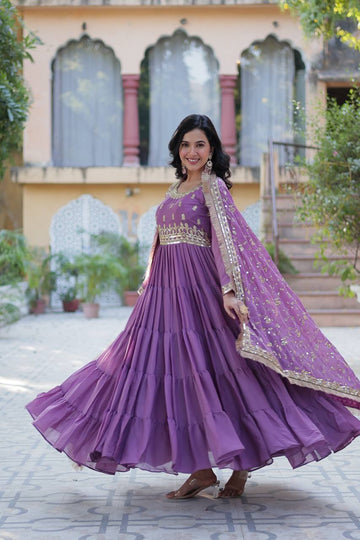 Purple Star Georgette sequins embroidered layered flared Gown
