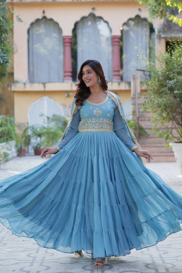 Sky Blue Star Georgette sequins embroidered layered flared Gown