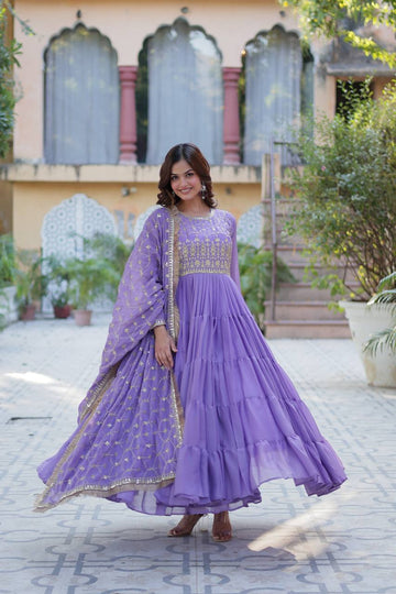 Lavender Star Georgette sequins embroidered layered flared Gown