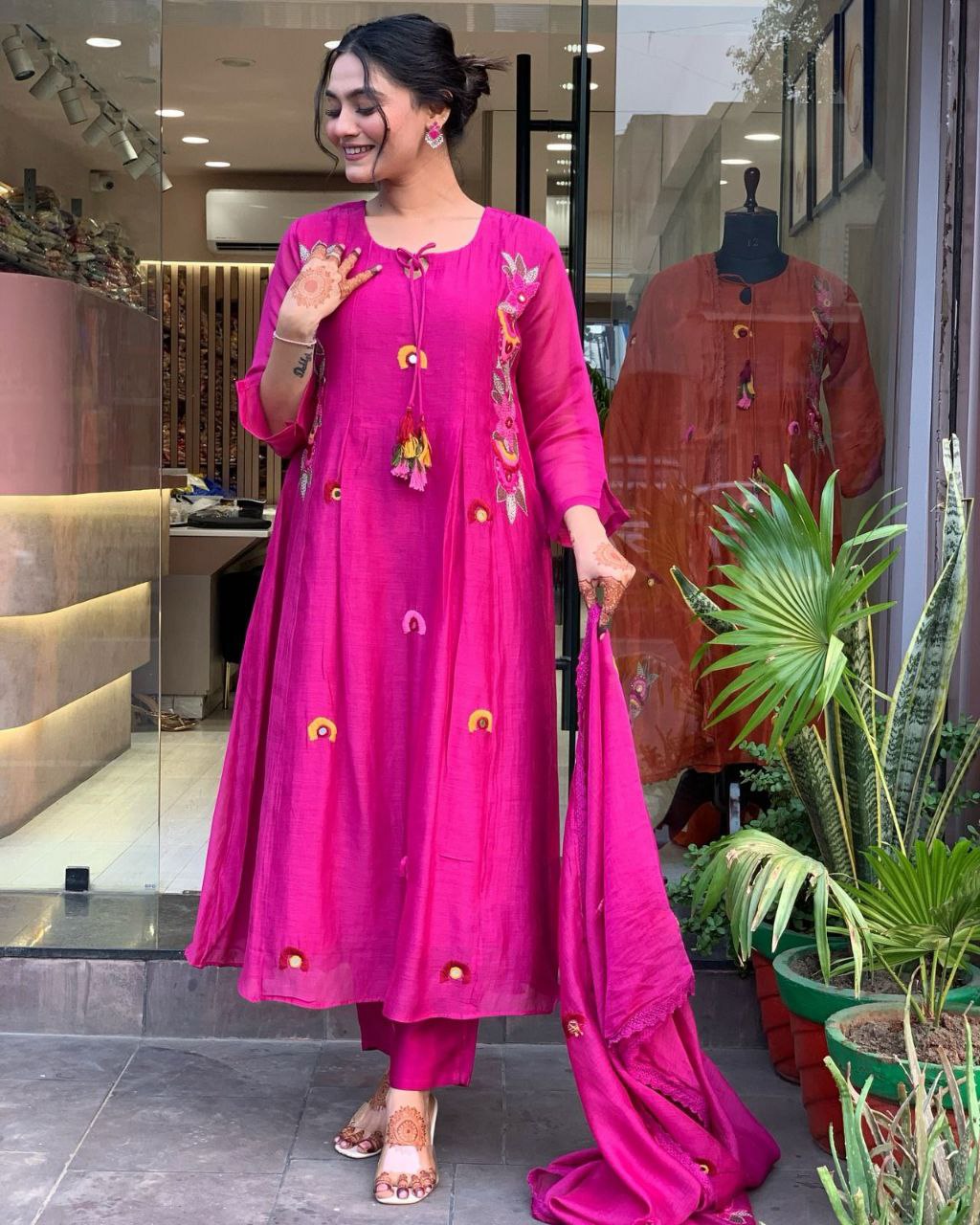 Rani pink chanderi silk embroidered tassel suit set