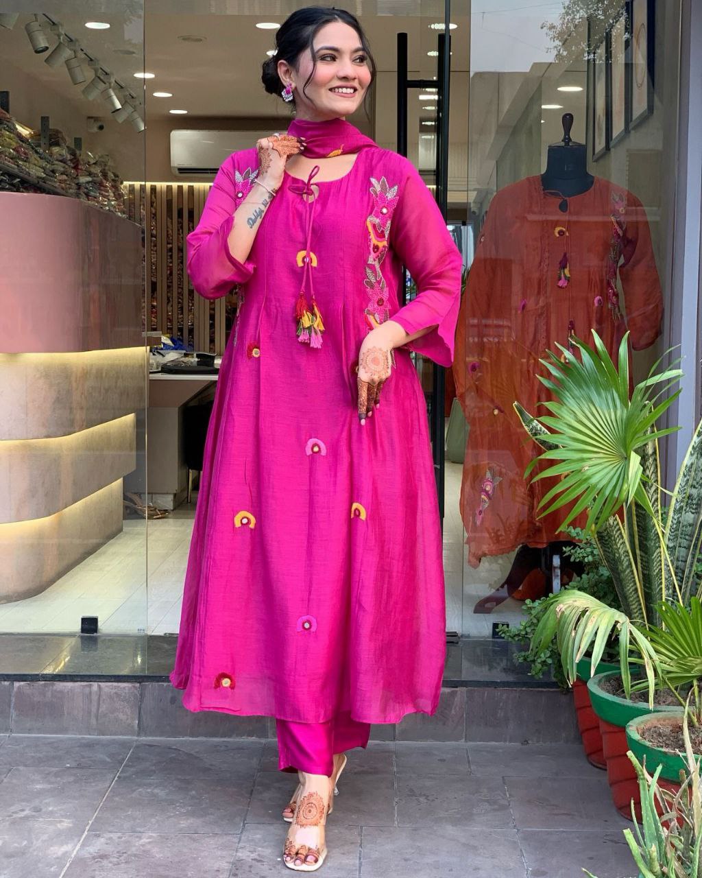 Rani pink chanderi silk embroidered tassel suit set