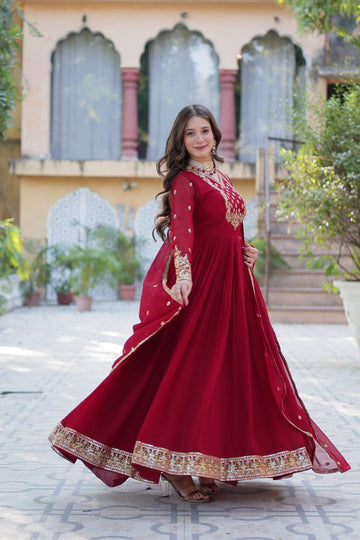 Red faux georgette sequins embroidered flared Gown