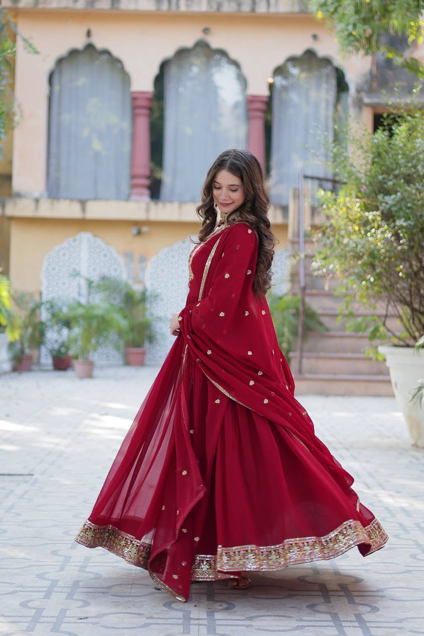 Red faux georgette sequins embroidered flared Gown