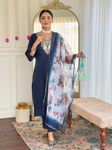 Navy blue reyon slub embroidered neck suit set