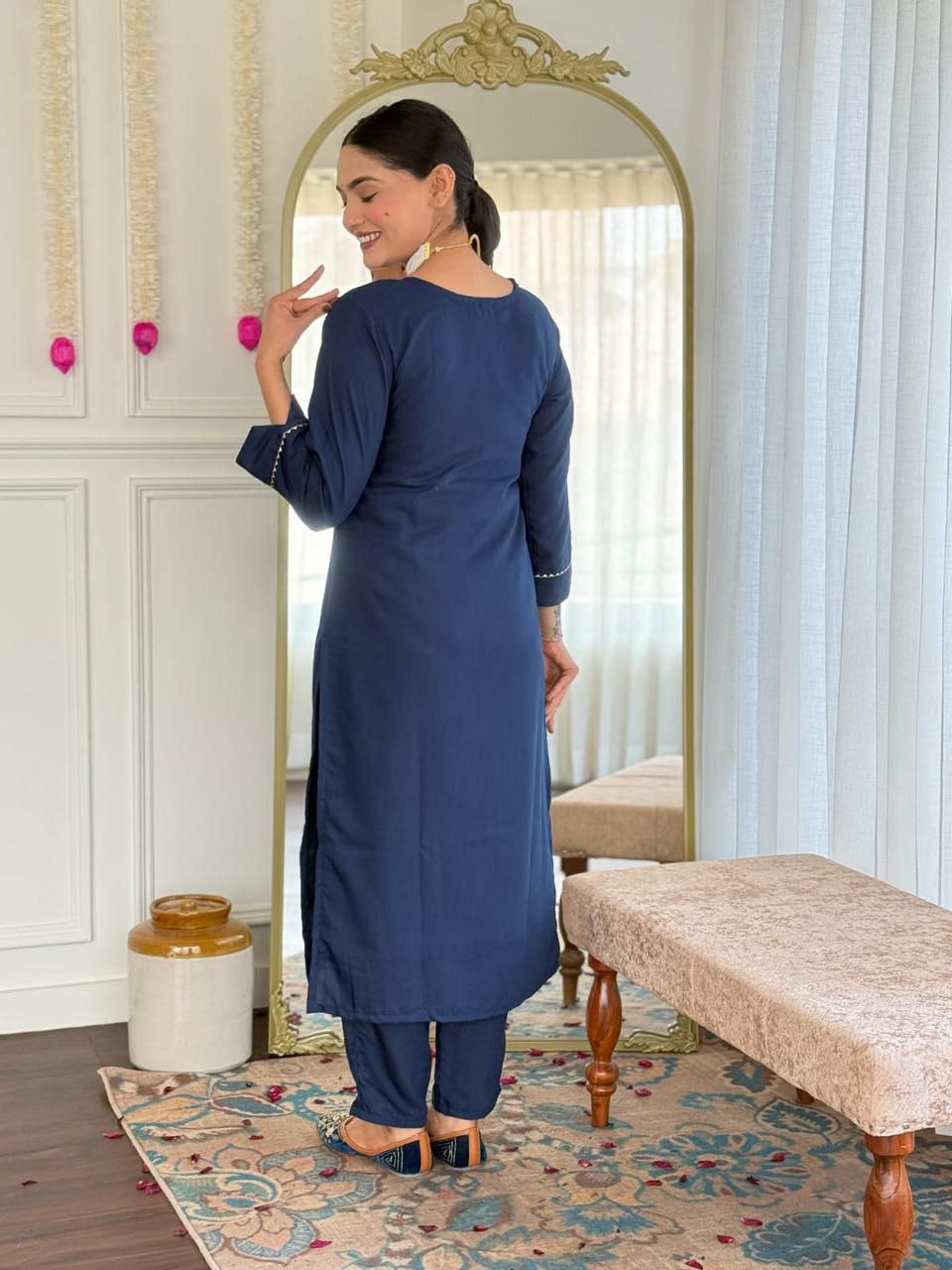 Navy blue reyon slub embroidered neck suit set
