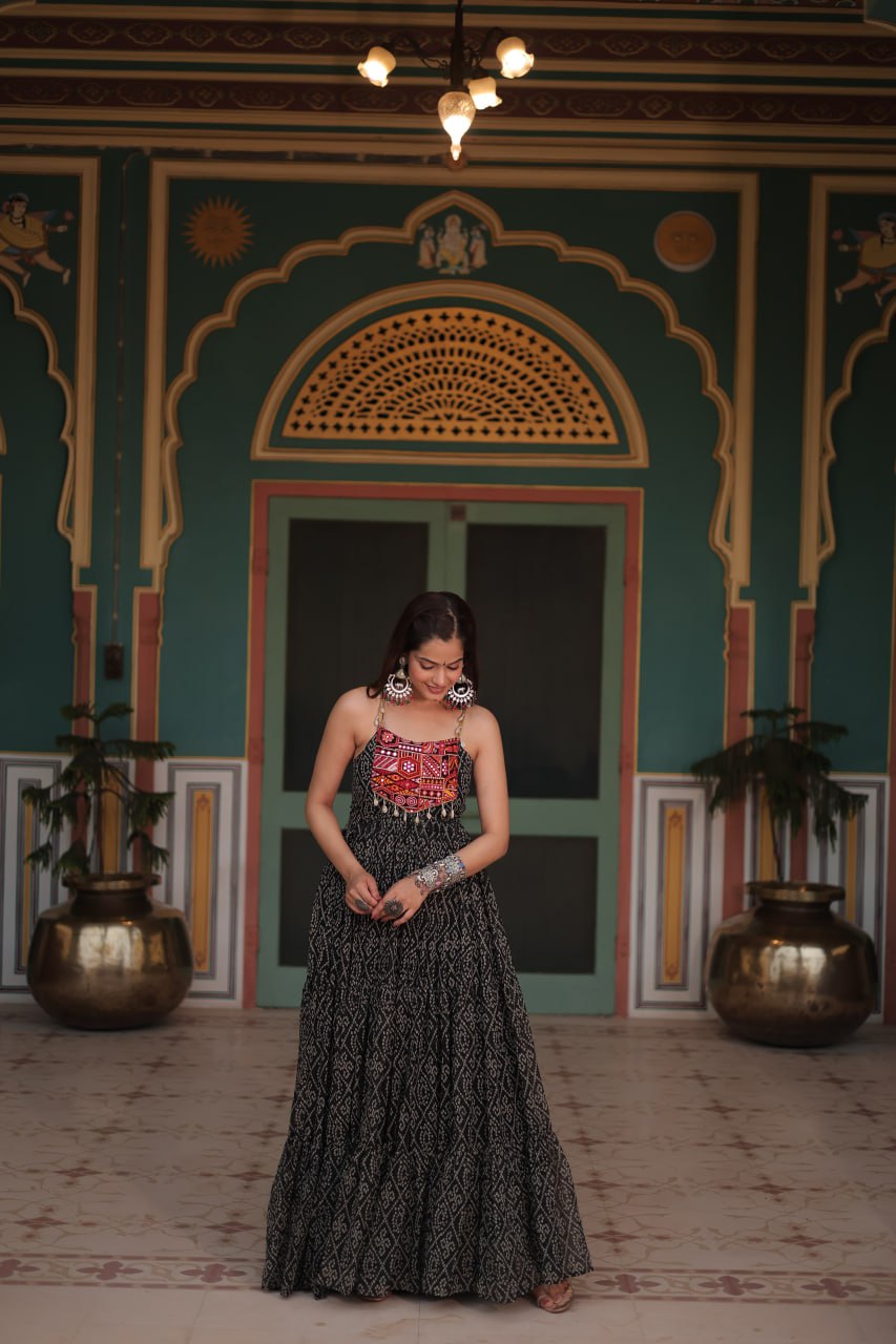 Black georgette gown with bandhani print and Kutchi patchwork yoke Gown