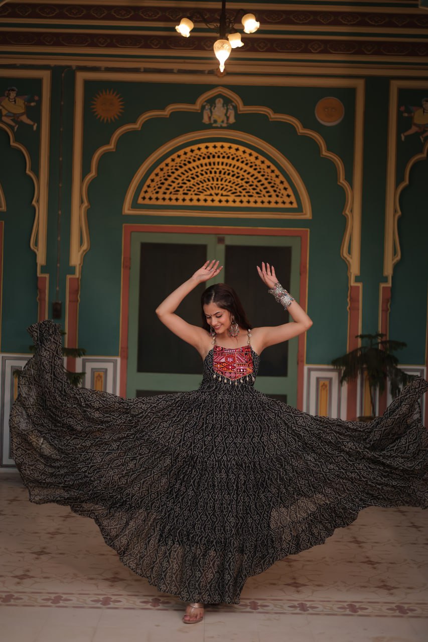 Black georgette gown with bandhani print and Kutchi patchwork yoke Gown