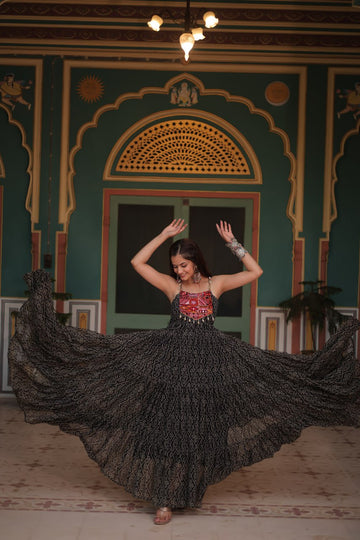 Black georgette gown with bandhani print and Kutchi patchwork yoke Gown